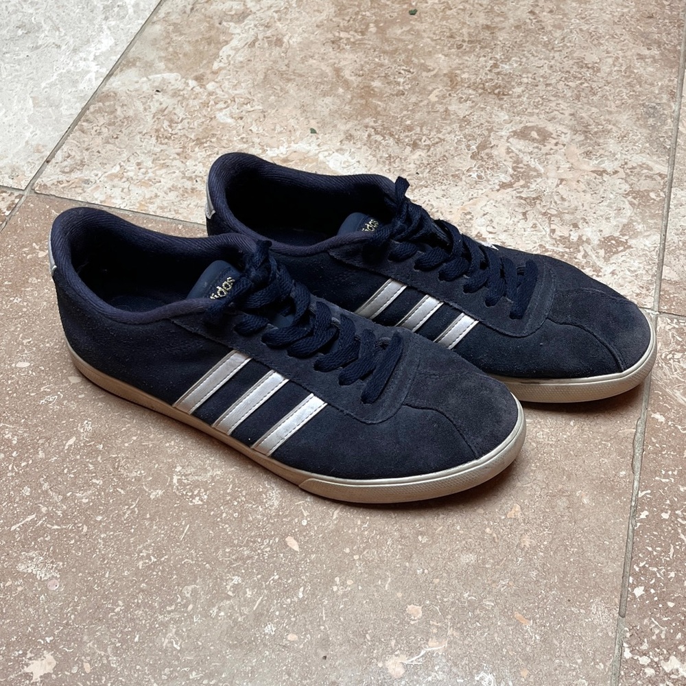 Adidas Navy Suede Sneakers with White Stripes women’s size 8